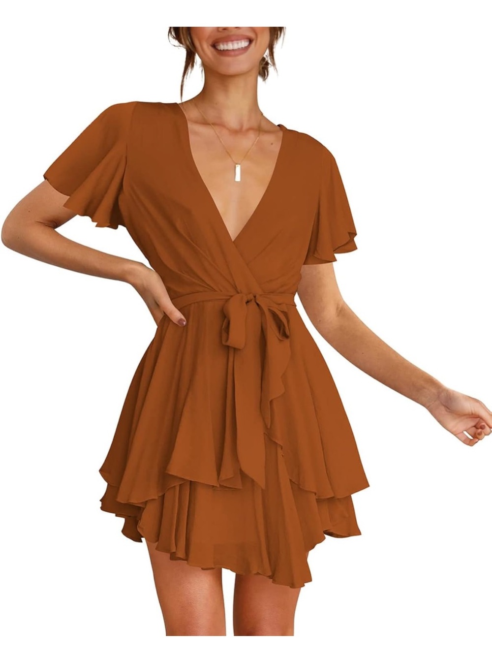 Cosonsen Women's Dress Deep V-Neck Long Sleeve Waist
Tie Ruffle Mini Swing Skate
